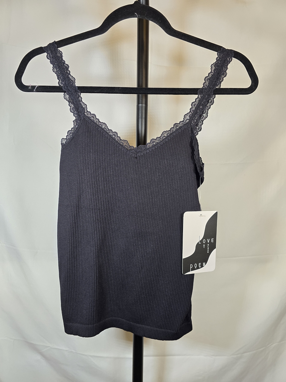 Black Ribbed Lace-Trim Tank Top